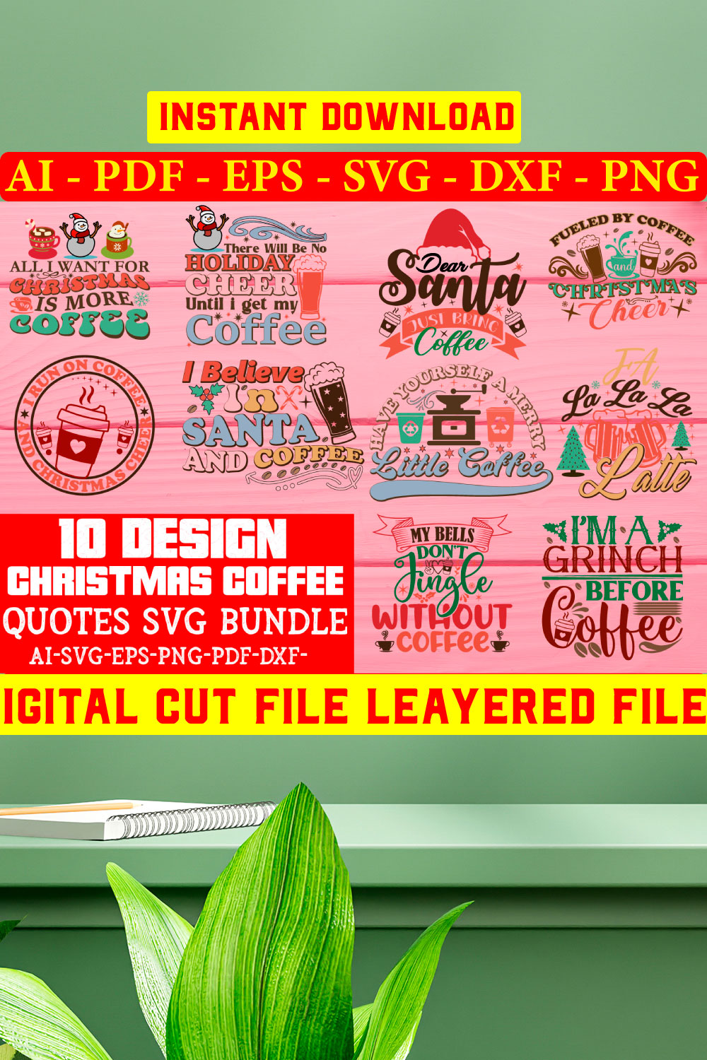 Christmas Coffee Quotes SVG Bundle Vol-04 pinterest preview image.