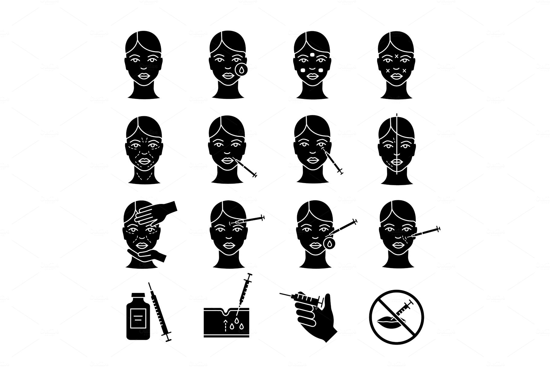 Neurotoxin injection glyph icons set cover image.