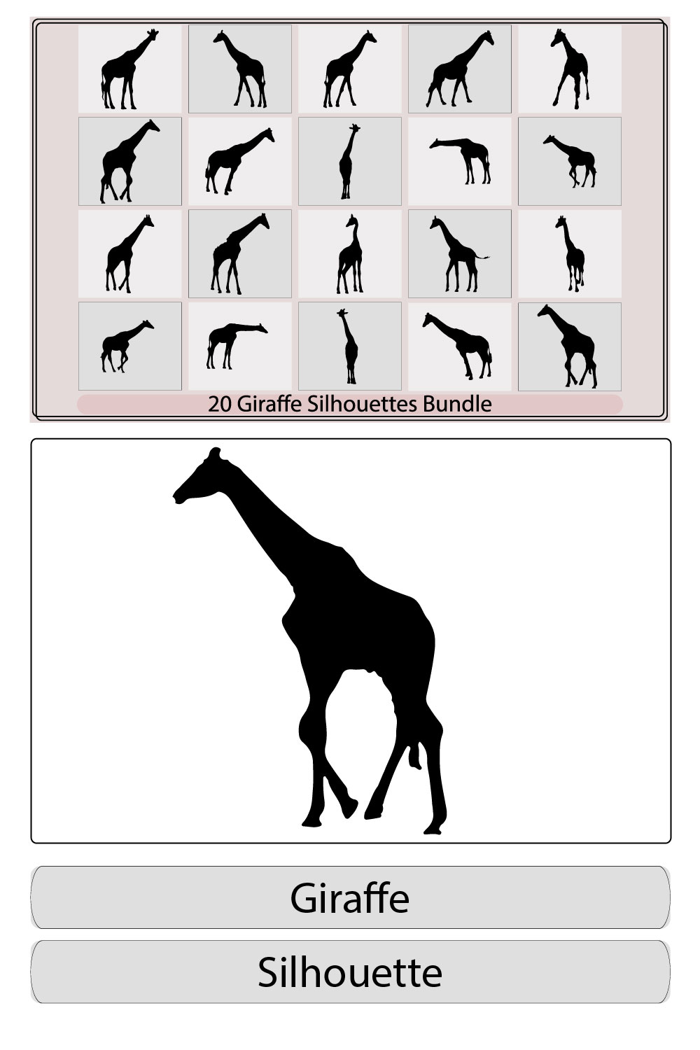 A giraffe animal silhouette set,set of fine giraffe silhouettes - black outlines on white,Giraffe vector pinterest preview image.