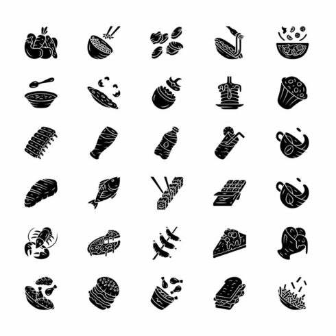 Menu dishes glyph icons set cover image.