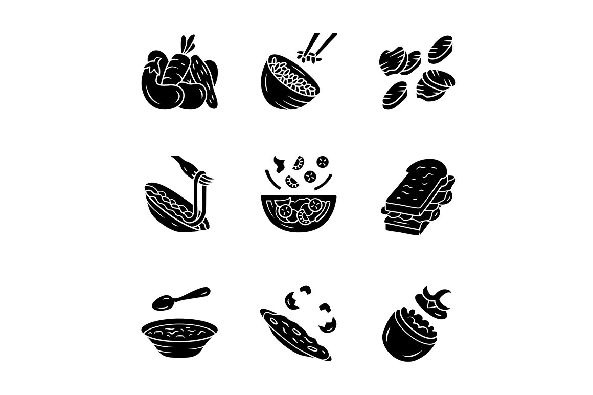 Restaurant menu dishes glyph icons cover image.