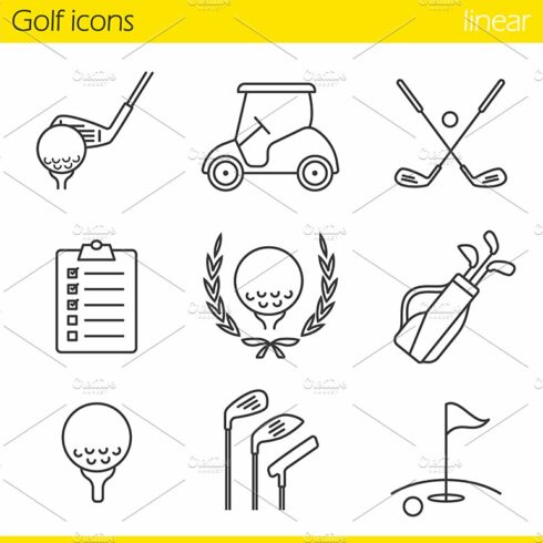 Golf equipment. 9 icons. Vector cover image.