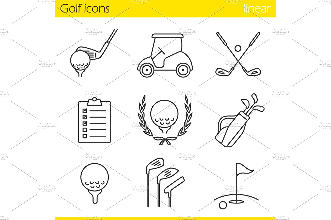 Golf equipment. 9 icons. Vector cover image.