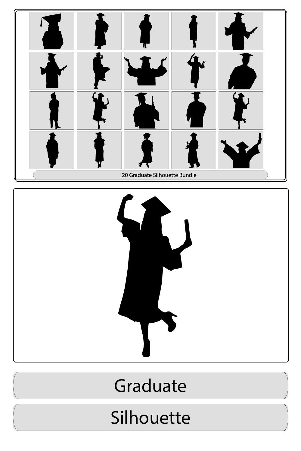 Graduates Celebrating silhouettes in different poses,Happy graduate students with graduating caps and diploma or certificates, pinterest preview image.