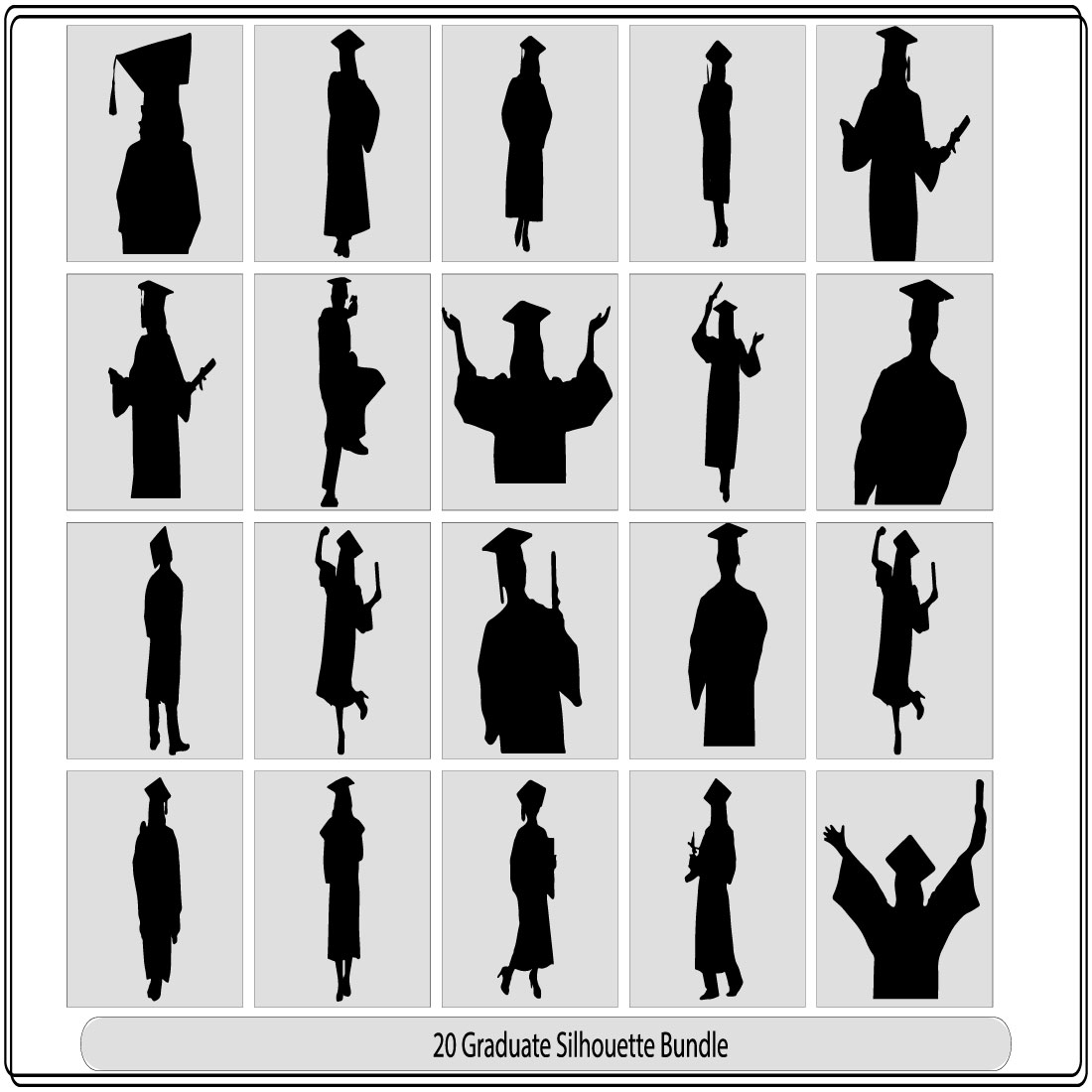 Graduates Celebrating silhouettes in different poses,Happy graduate students with graduating caps and diploma or certificates, preview image.
