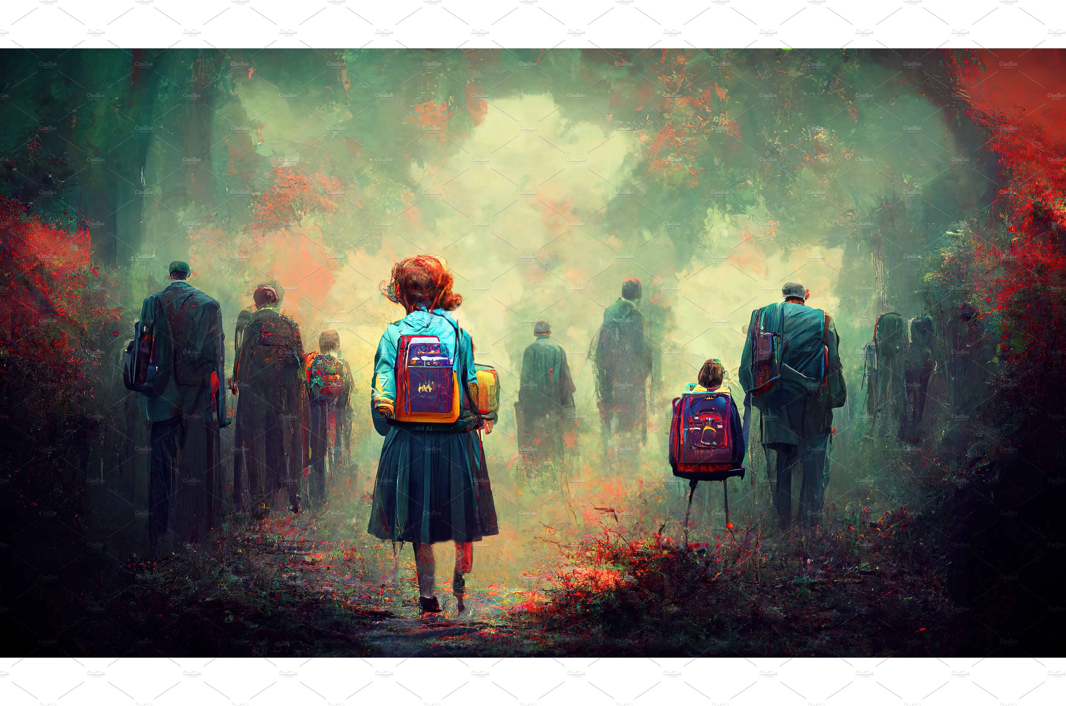 Children with backpacks going to cover image.