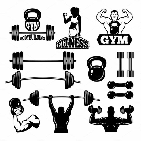 Badges and labels for gym and fitness club. Sport symbols in monochrome style cover image.