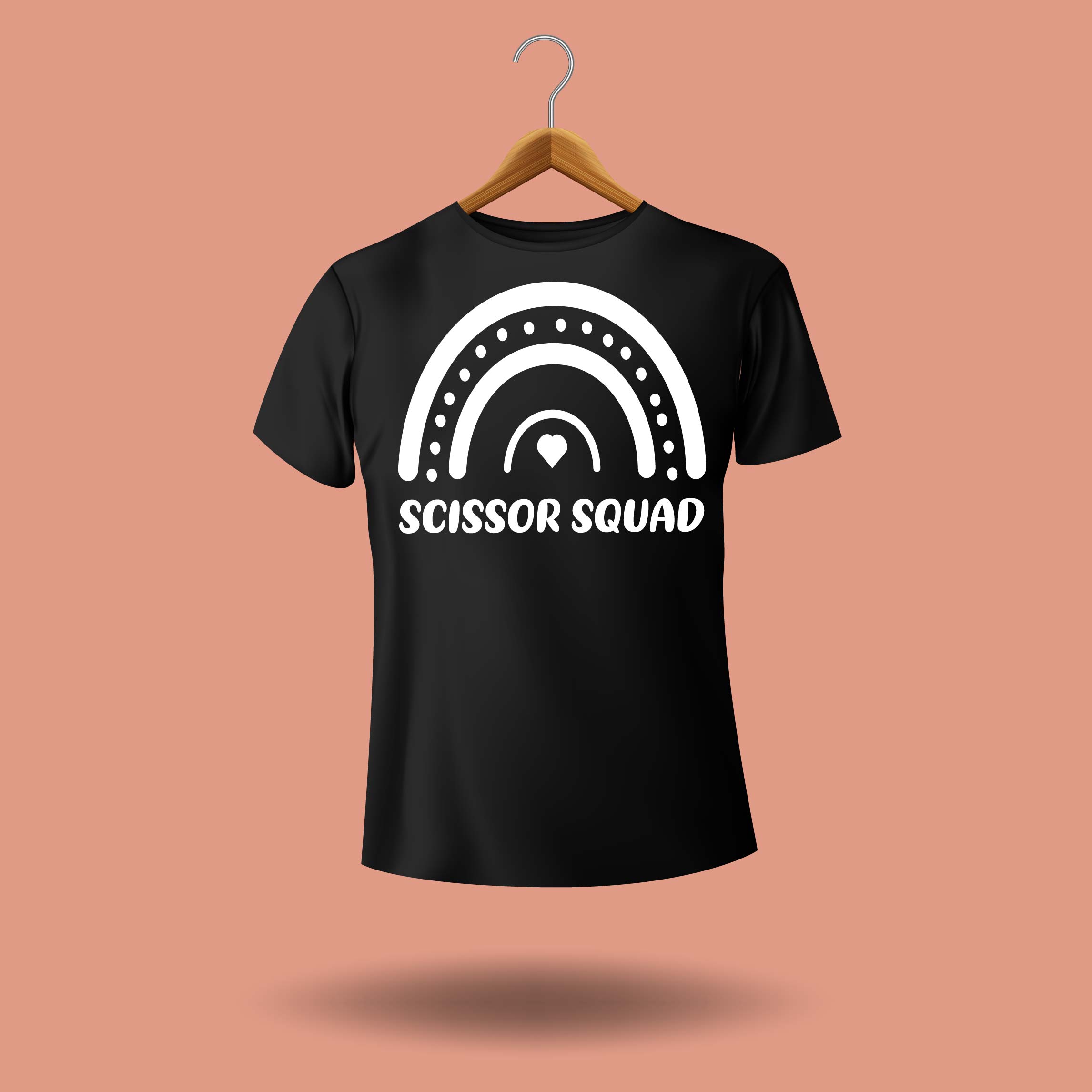 Black t - shirt that says scissors squad on it.