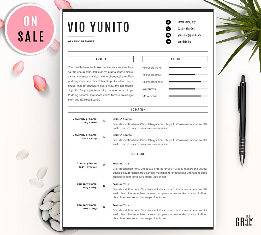 Resume template with a pink flower on top of it.
