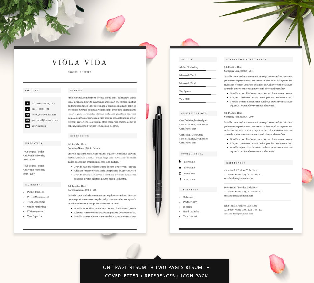 Professional resume template with flowers and a pen.