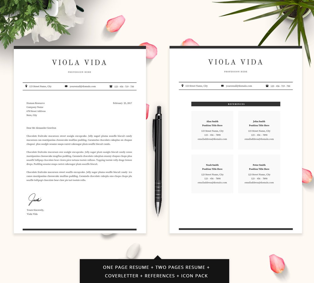 Two pages of a resume on a table with flowers.
