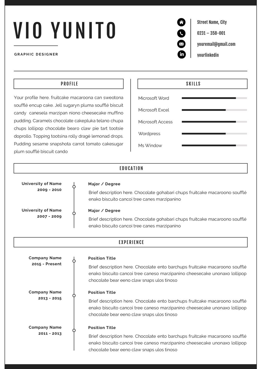 Black and white resume with a black and white background.