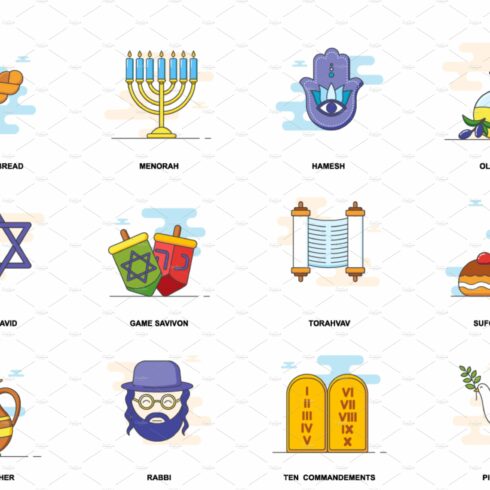 Hanukkah web concept flat icons set cover image.