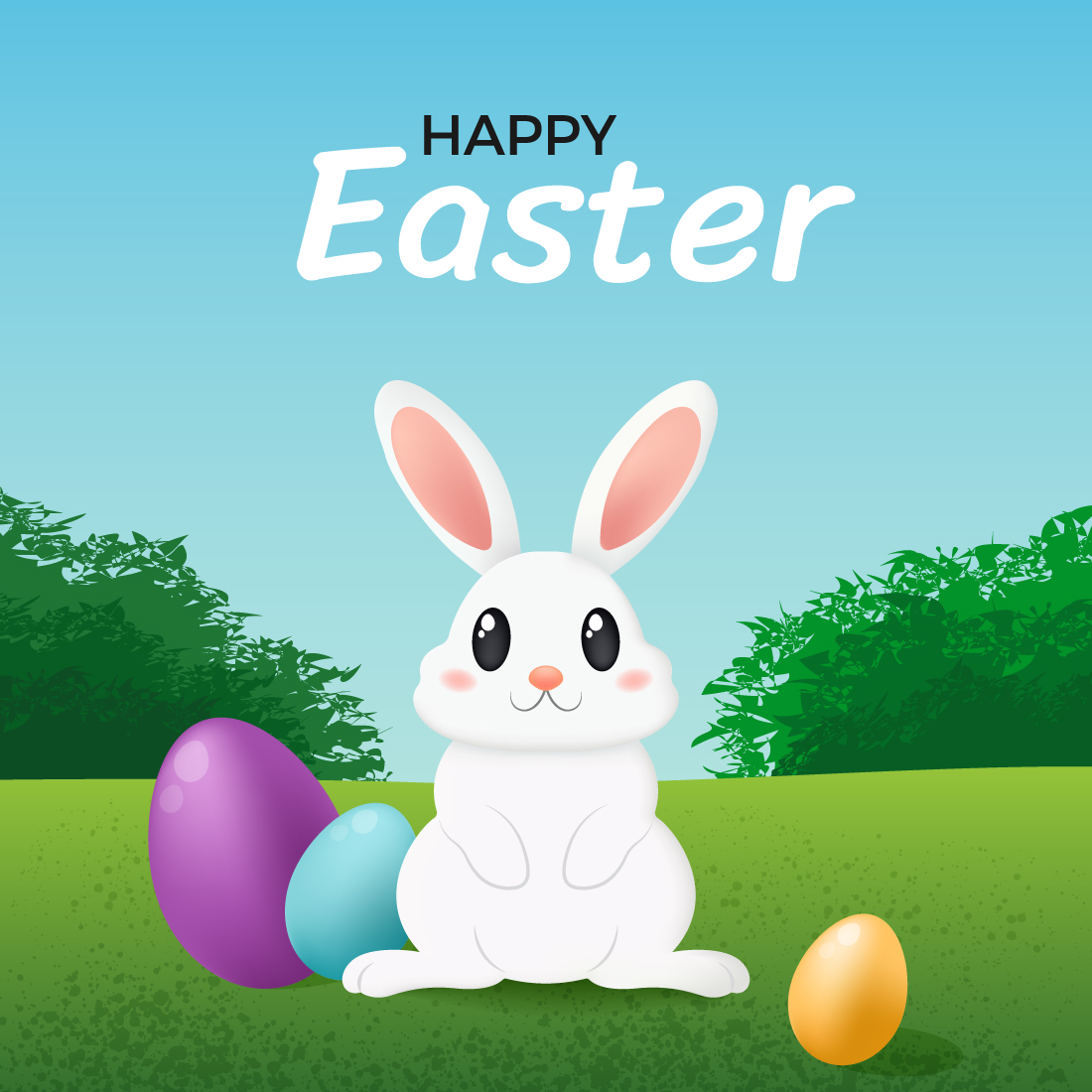 Set of Happy Easter banners with cute white bunny and eggs Vector illustration with cartoon rabbit on green field cover image.