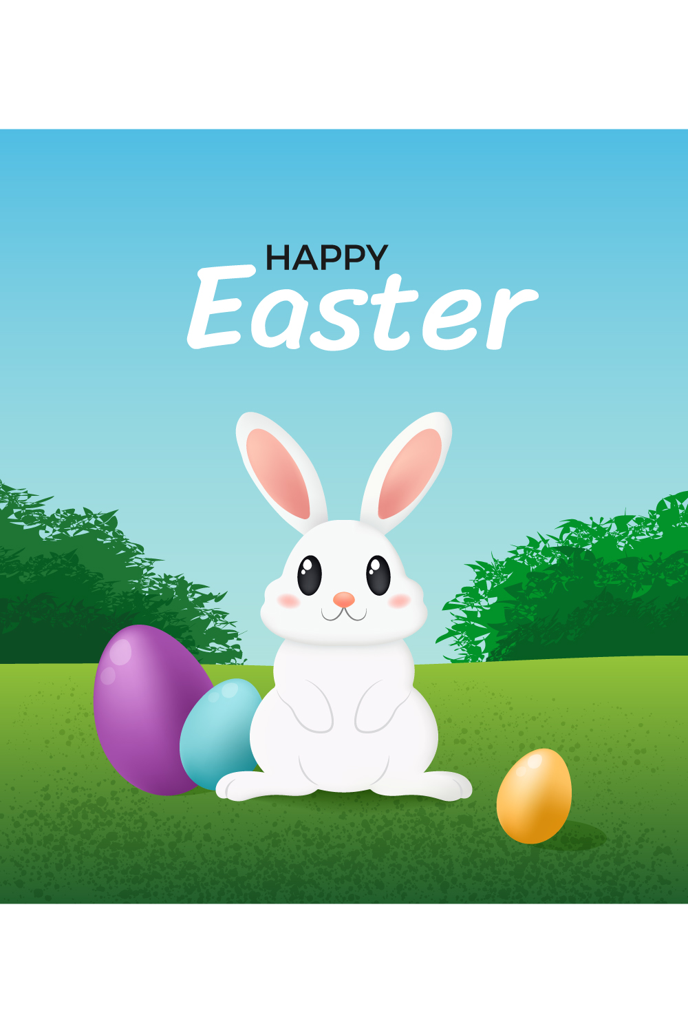 Set of Happy Easter banners with cute white bunny and eggs Vector illustration with cartoon rabbit on green field pinterest preview image.