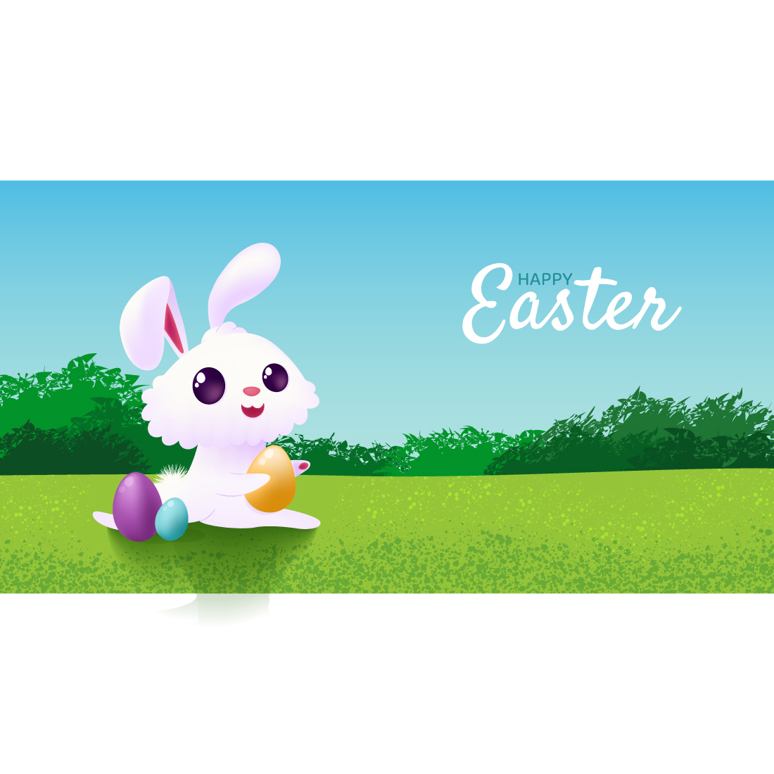Set of Happy Easter banners with cute white bunny and eggs Vector illustration with cartoon rabbit on green field preview image.