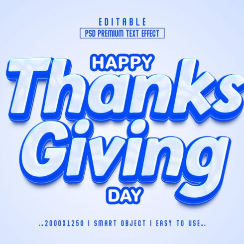 Blue 3d text effect that says happy thanks giving day.