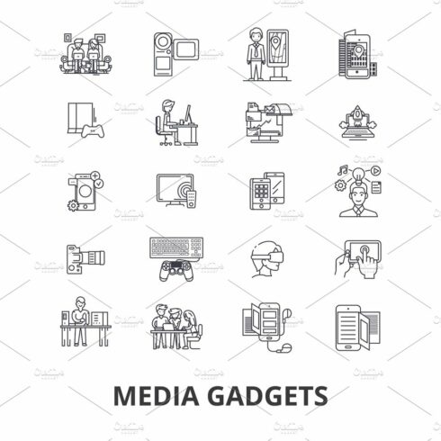 Media gadgets, newspaper, news, press, social advertising, tv, video, notep... cover image.