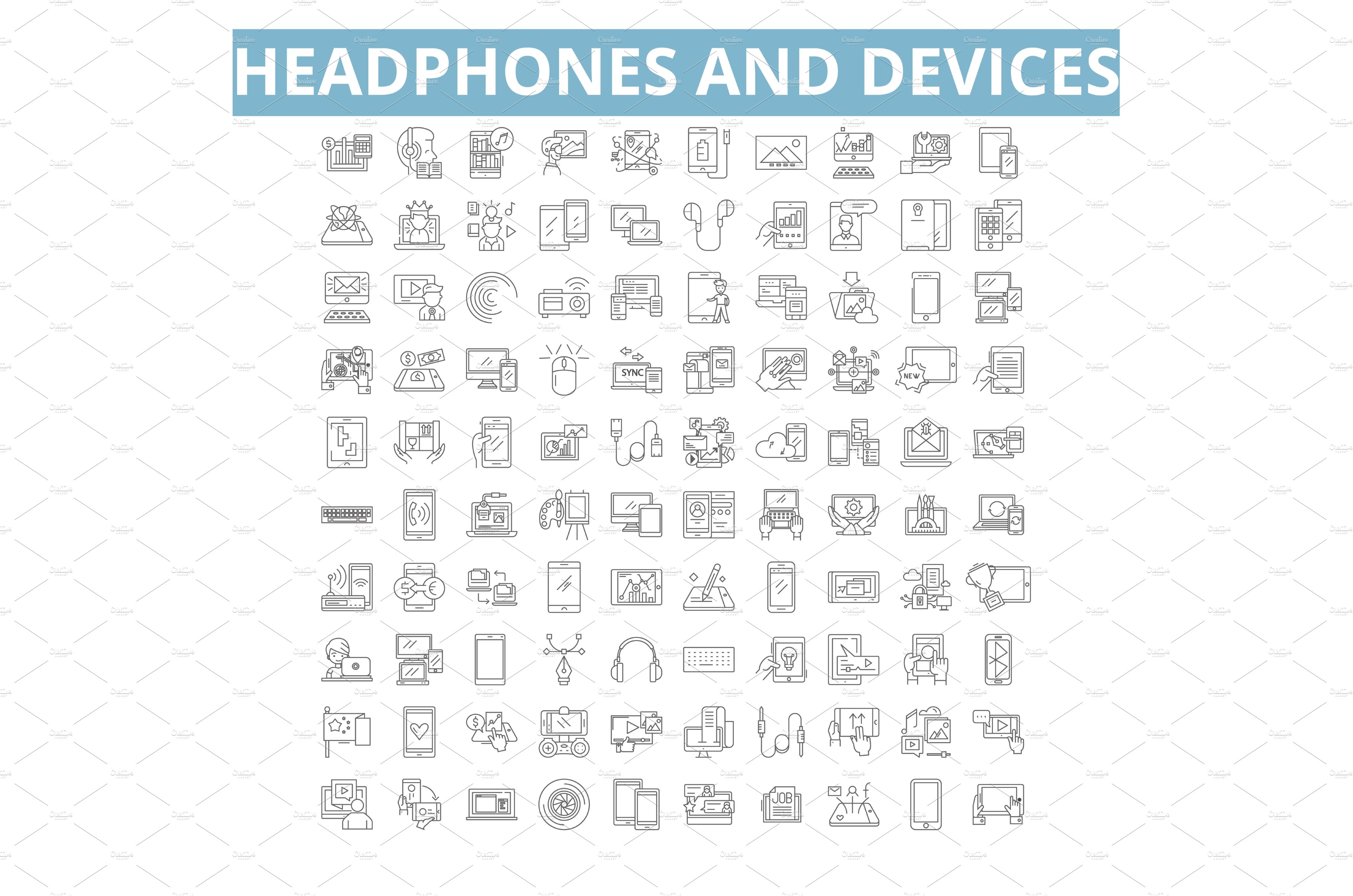 Headphones and devices icons, line cover image.