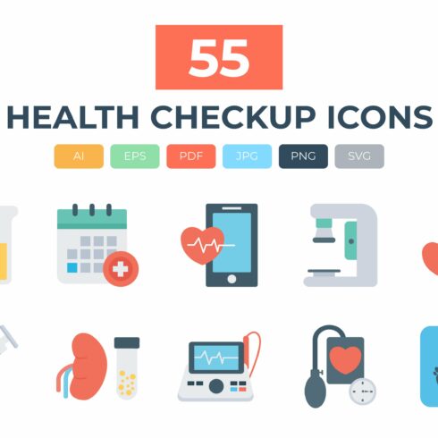 55 Health Checkup Flat Icons cover image.