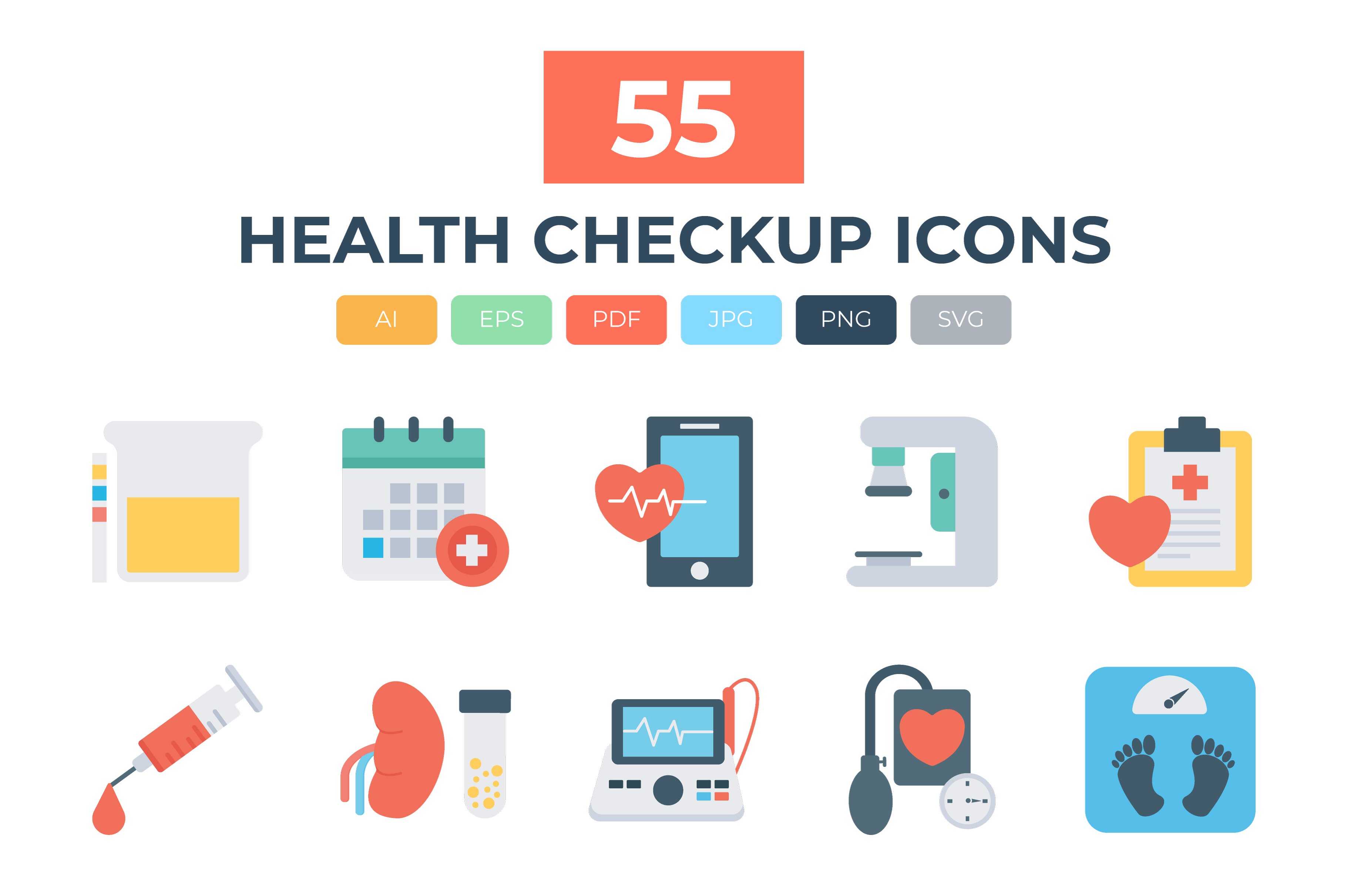 55 Health Checkup Flat Icons cover image.