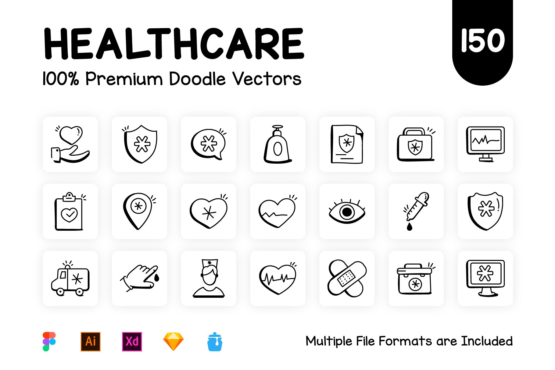 150 Medical and Healthcare Icons cover image.