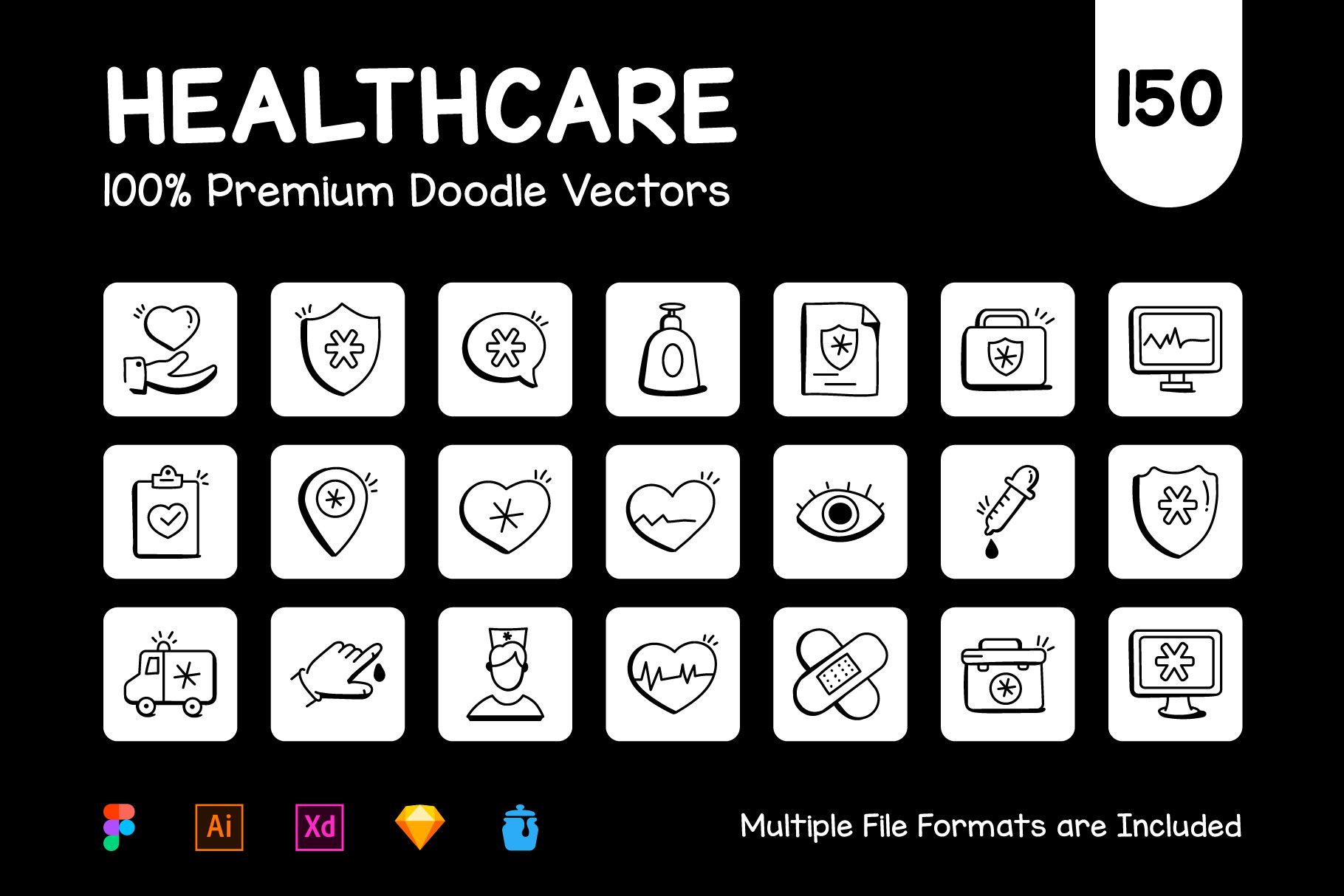 150 Medical and Healthcare Icons preview image.