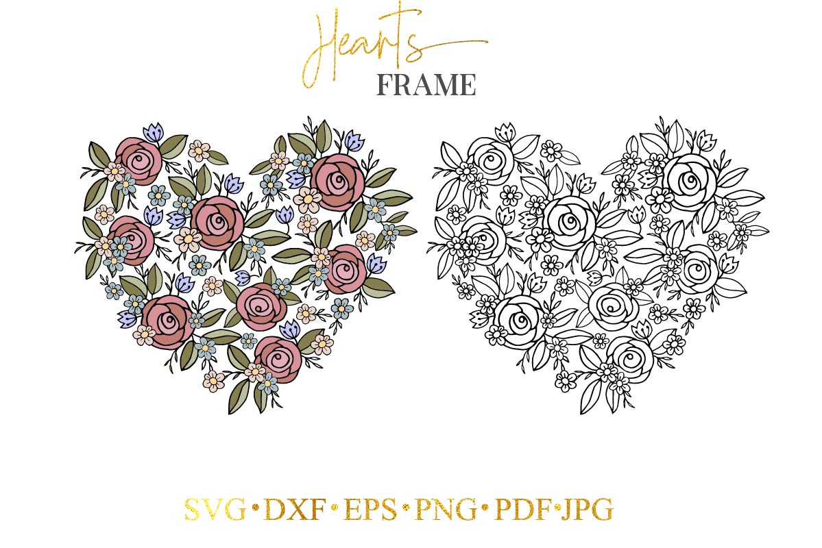 Heart shaped frame with flowers and leaves.