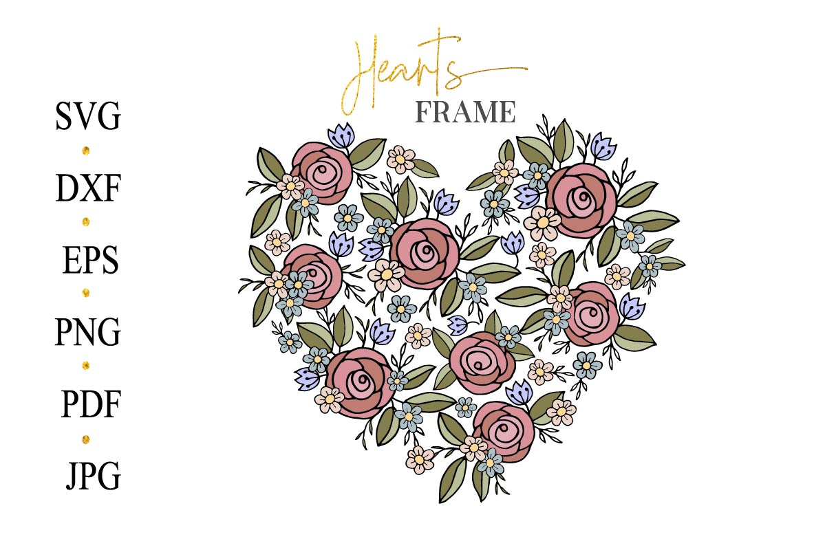 Heart shaped frame with flowers and leaves.