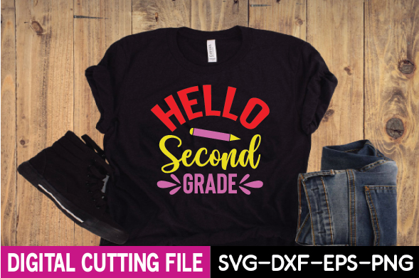 Black shirt with the words hello second grade on it.
