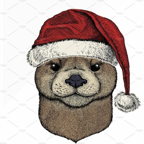 Vector portrait of otter. Christmas cover image.