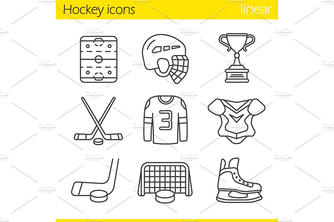 Hockey equipment. 9 icons. Vector cover image.