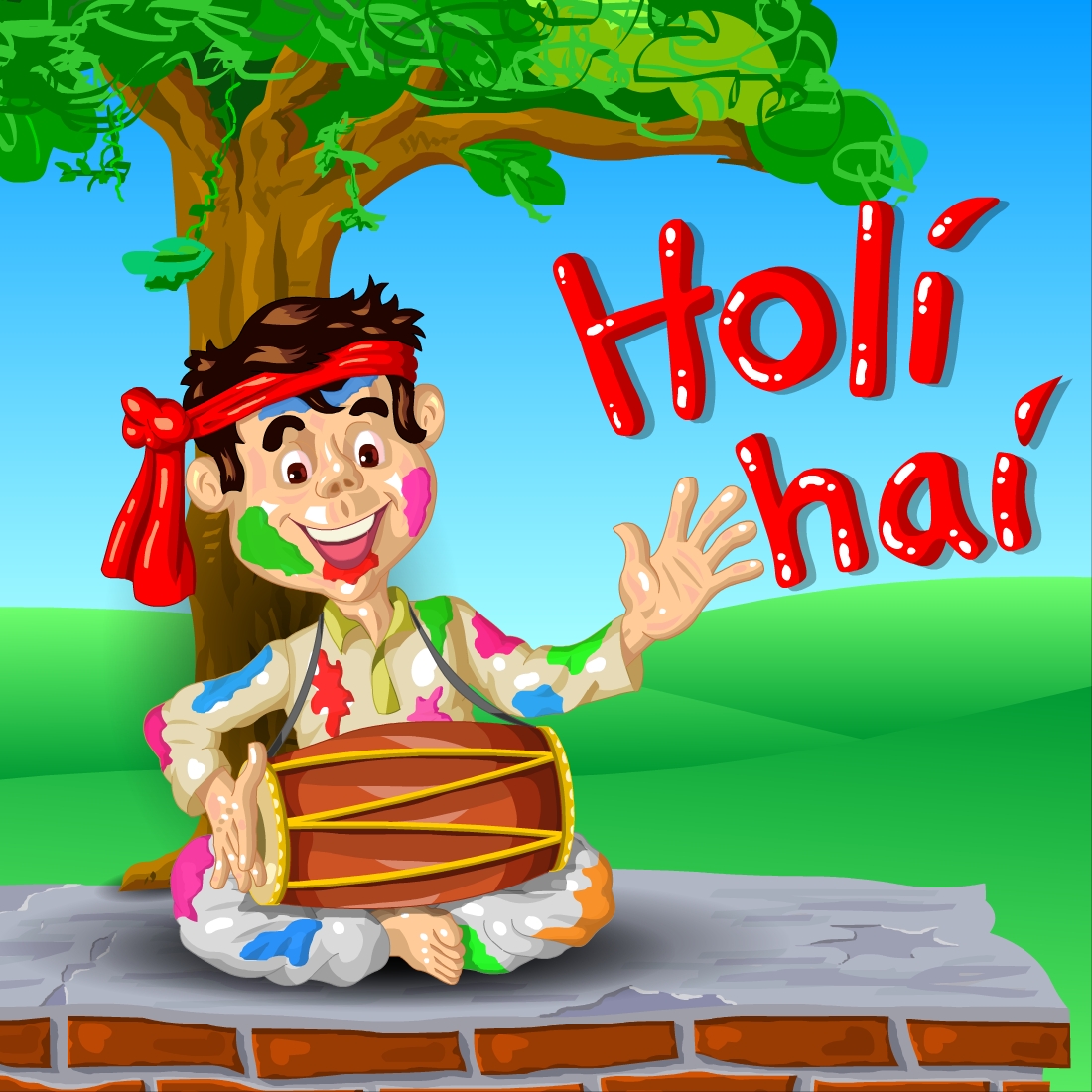 Cartoon of a man playing a drum in front of a tree.