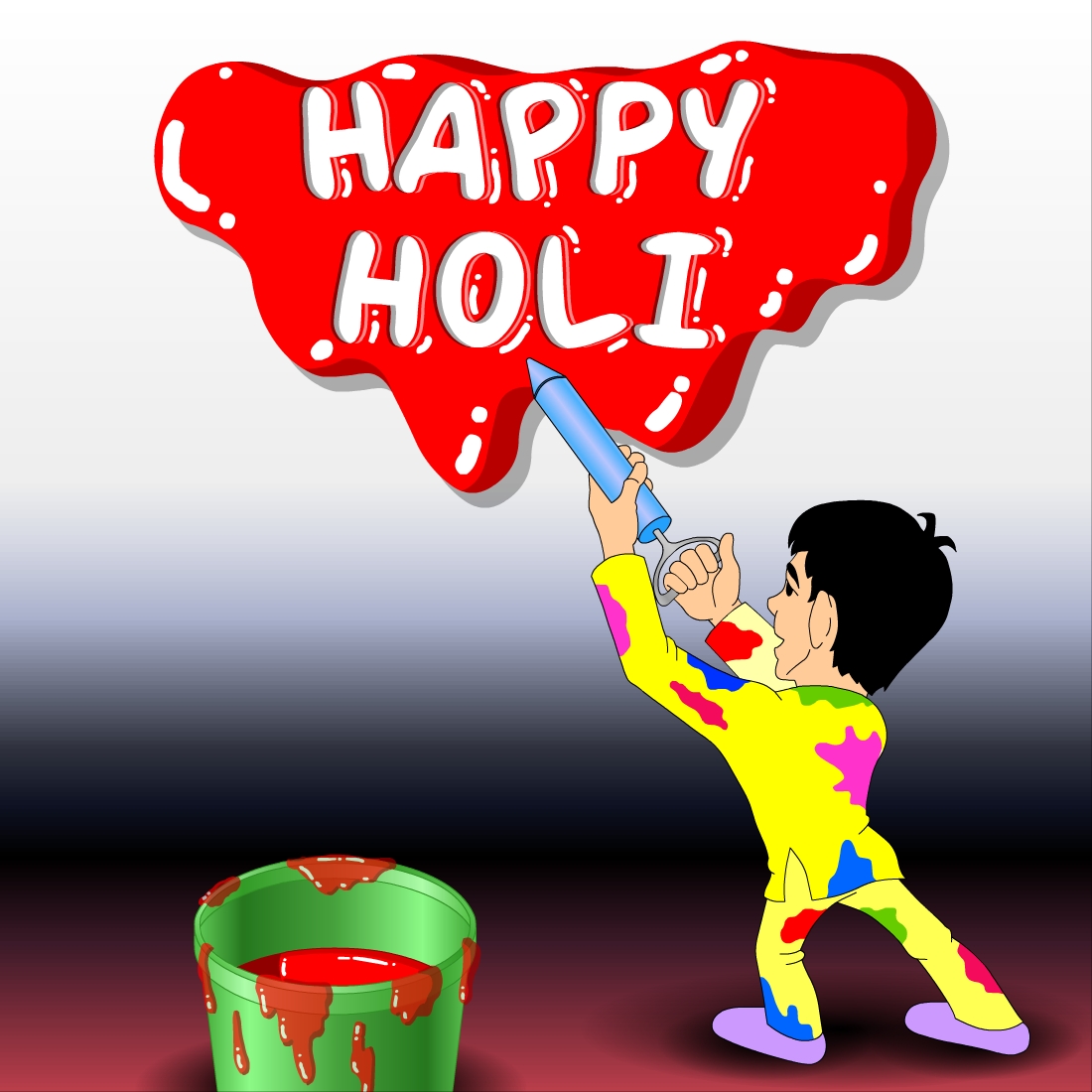 Cartoon of a boy holding a paintbrush with the words happy holi written.