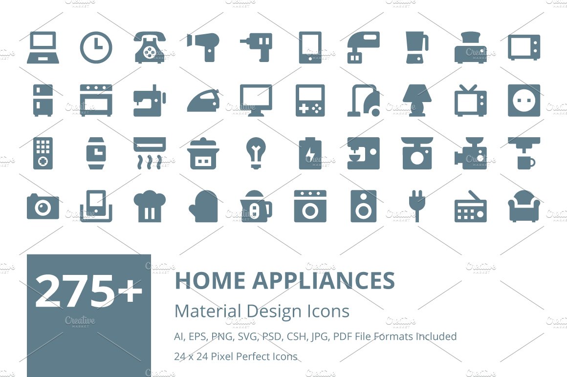 275+ Home Appliances Material Icons cover image.