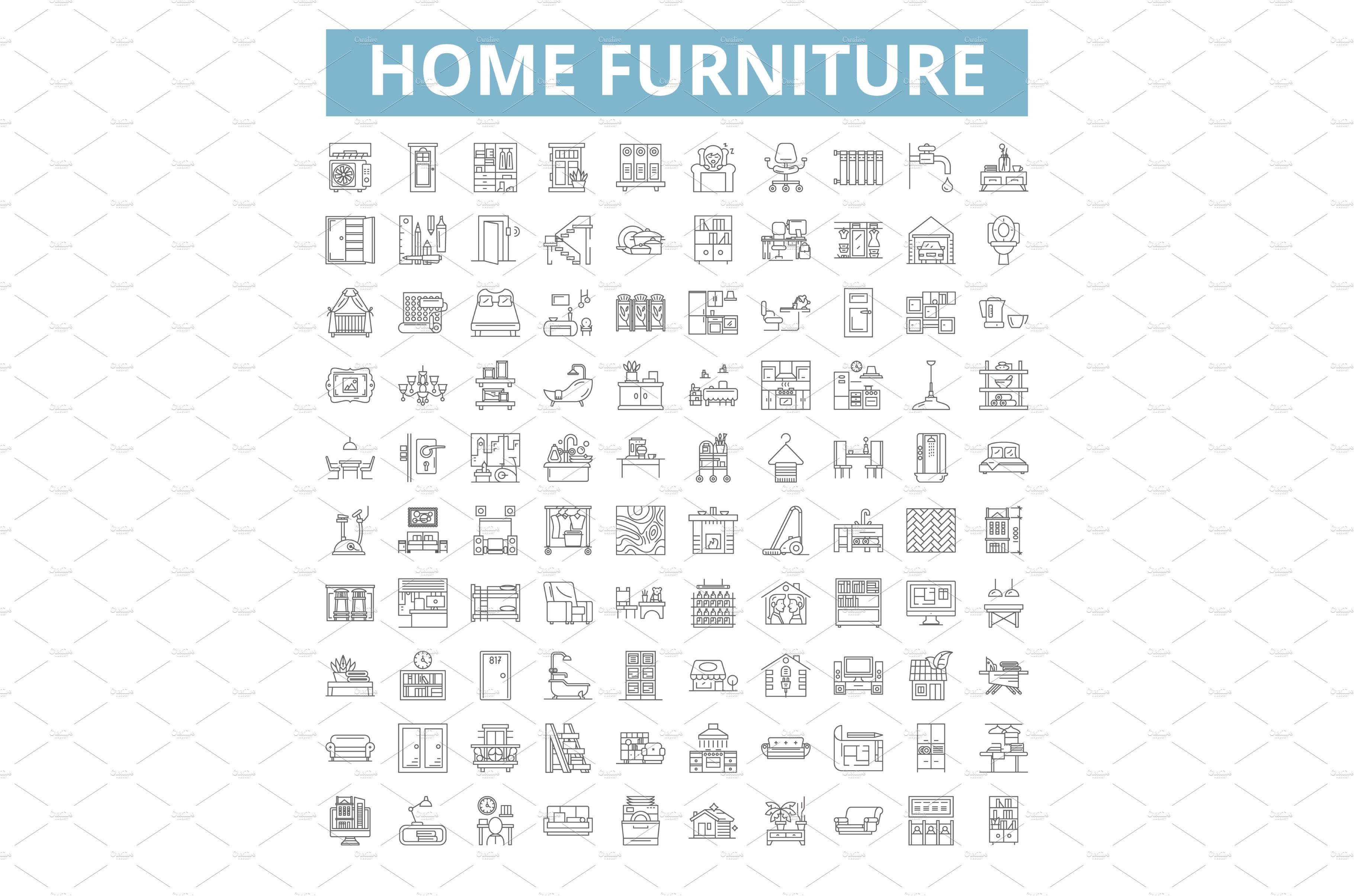 Home furniture icons, line symbols cover image.