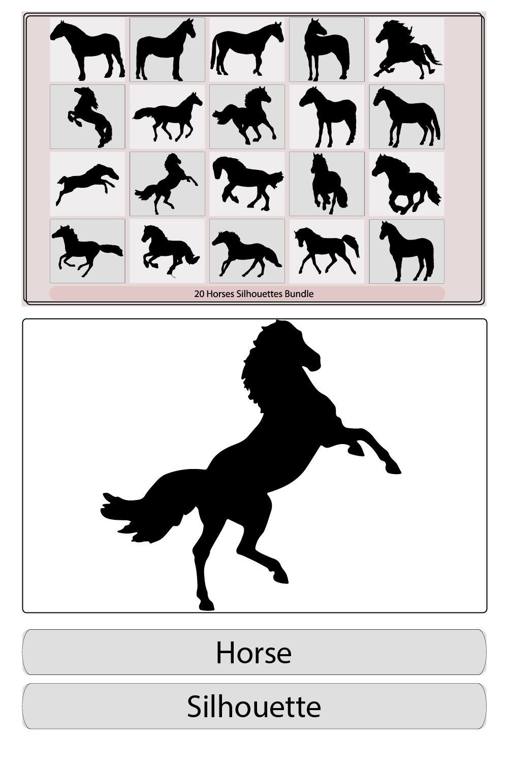 wild horses silhouette,Running horse black silhouette,Horse Icon, Vector, Silhouette,Black silhouette of horse pinterest preview image.