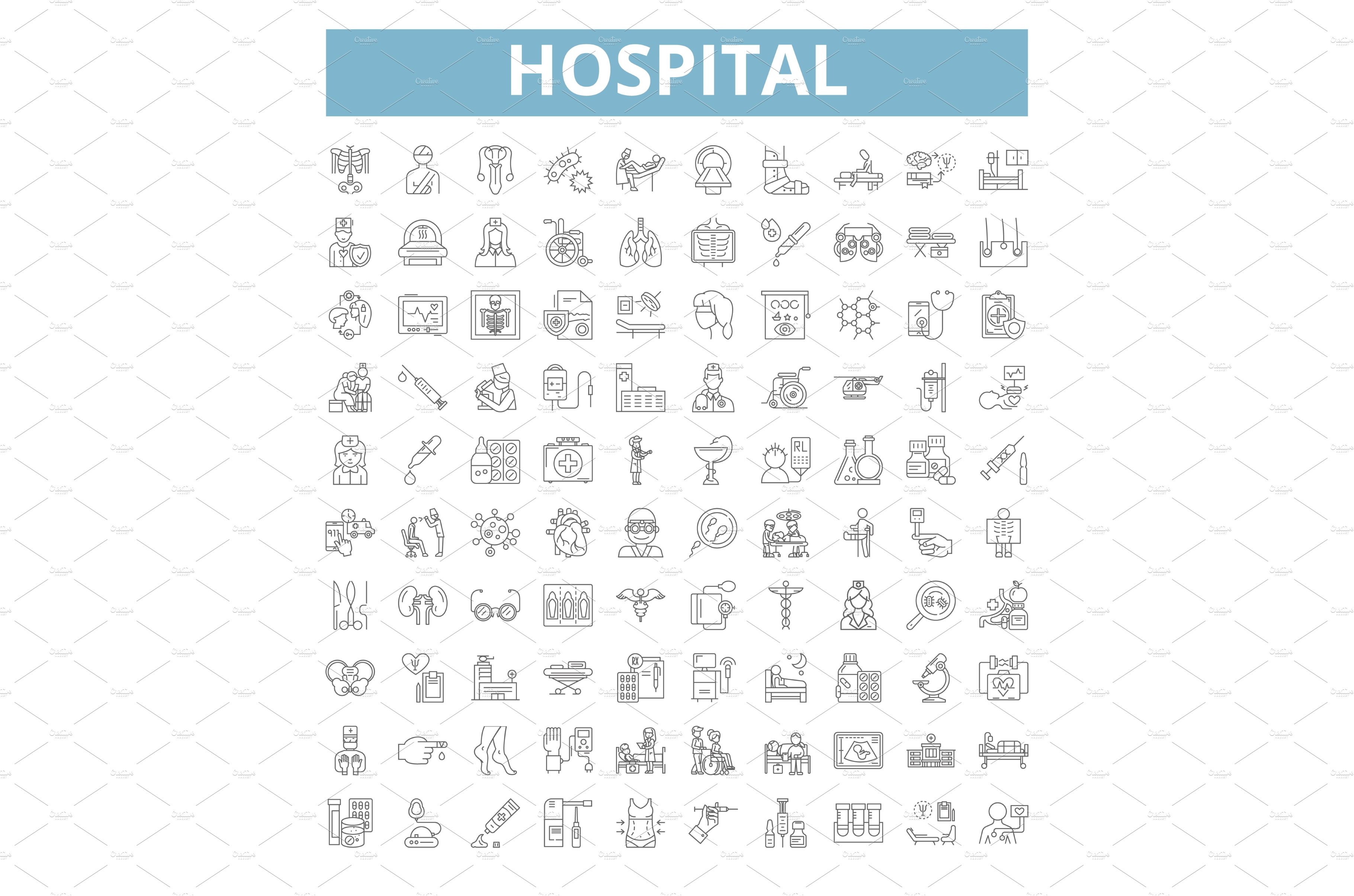 Hospital icons, line symbols, web cover image.