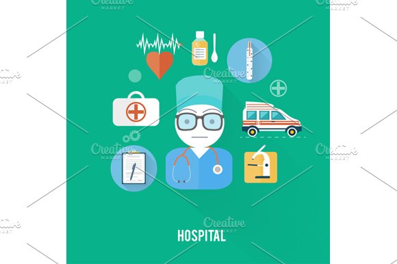 Hospital concept with item icons cover image.