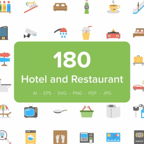 180 Hotel and Restaurant Flat Icons cover image.