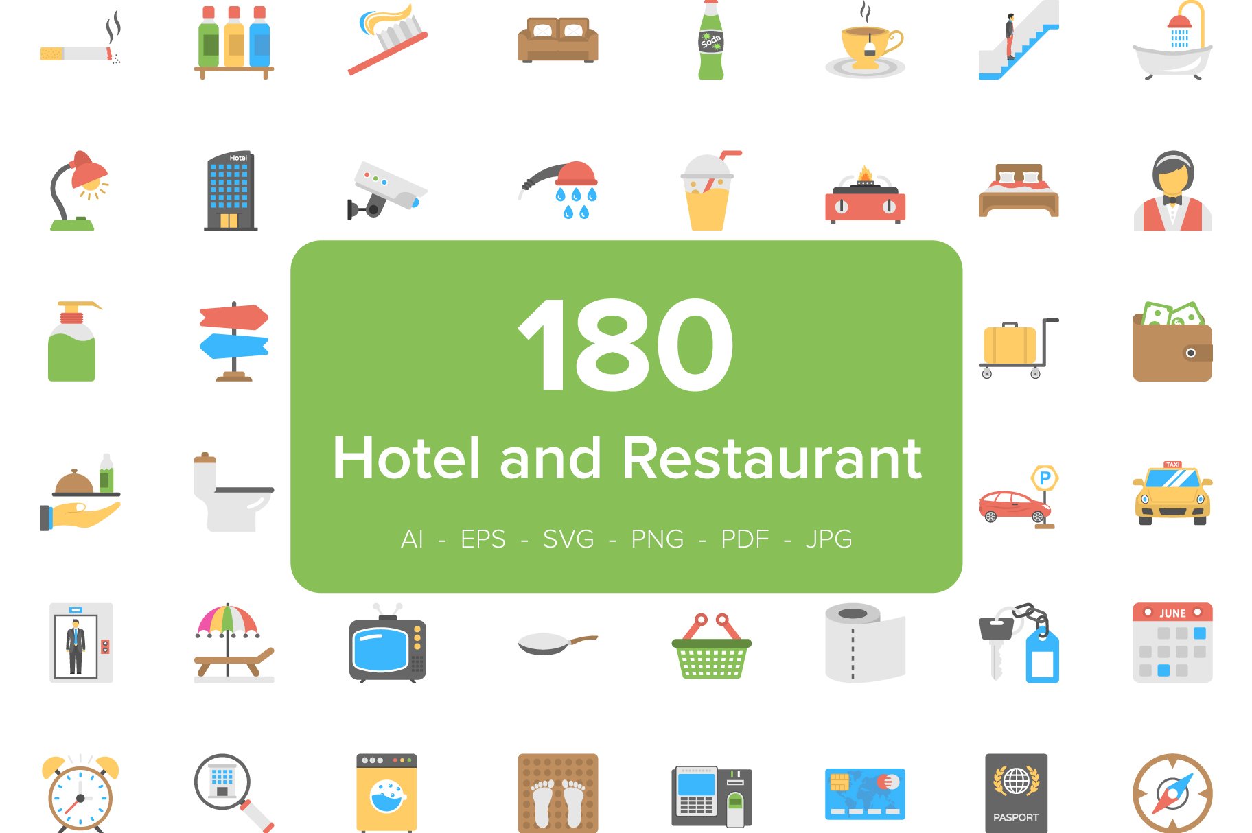 180 Hotel and Restaurant Flat Icons cover image.