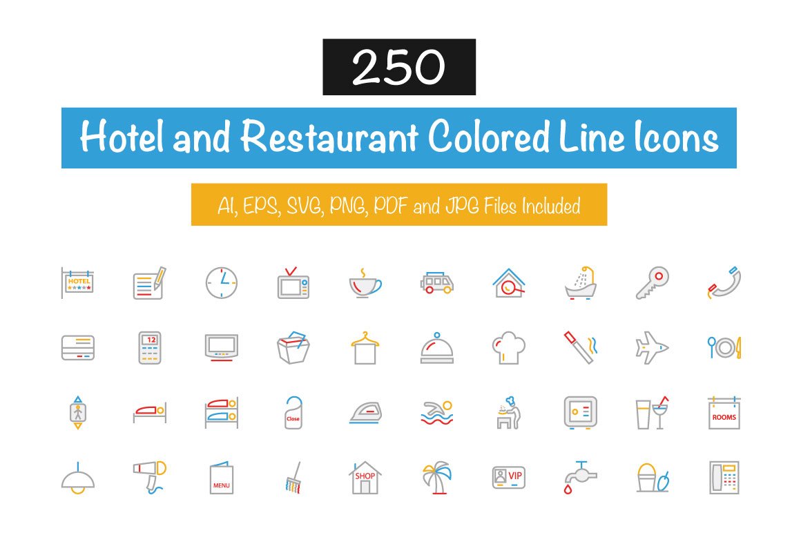 250 Hotel Colored Line Icons cover image.