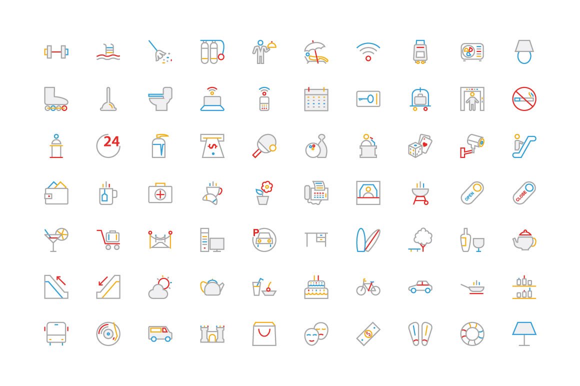 250 Hotel Colored Line Icons preview image.