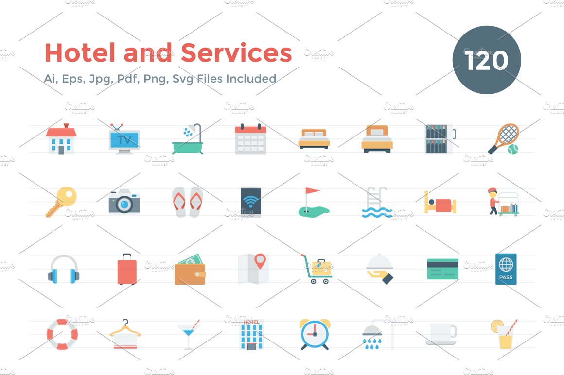 120 Flat Hotel and Services Icons cover image.
