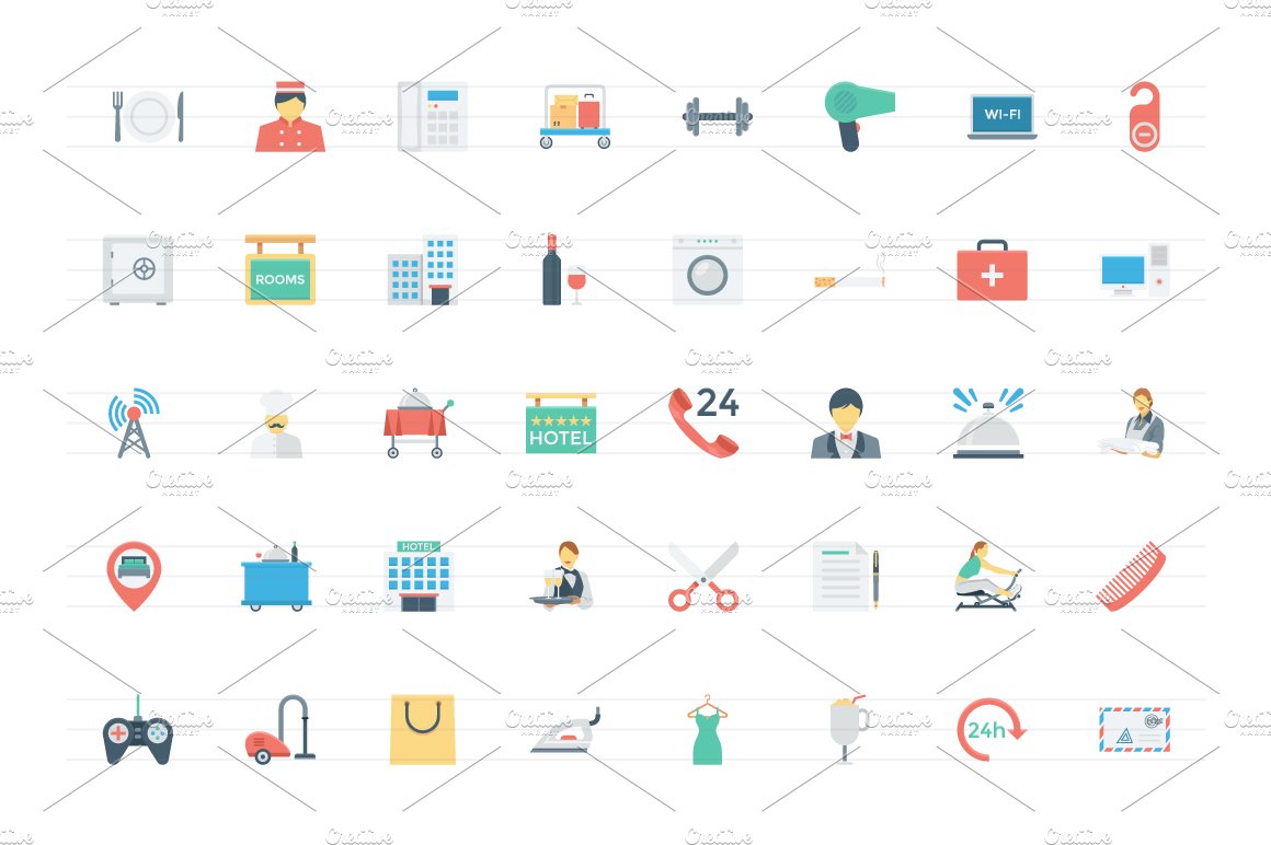 120 Flat Hotel and Services Icons preview image.