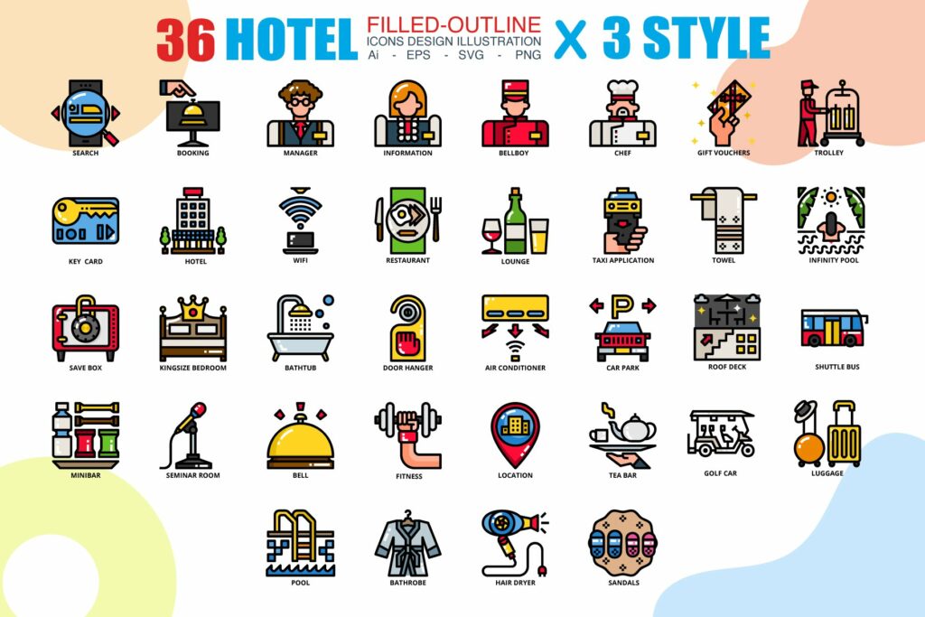 Hotel Module Icon 36 Hotel icons set x 3 Style – MasterBundles