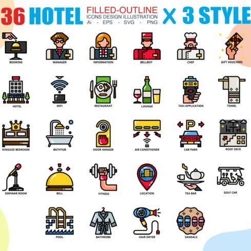 36 Hotel icons set x 3 Style cover image.