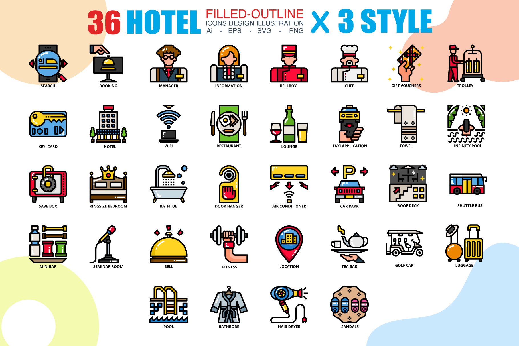 36 Hotel icons set x 3 Style cover image.