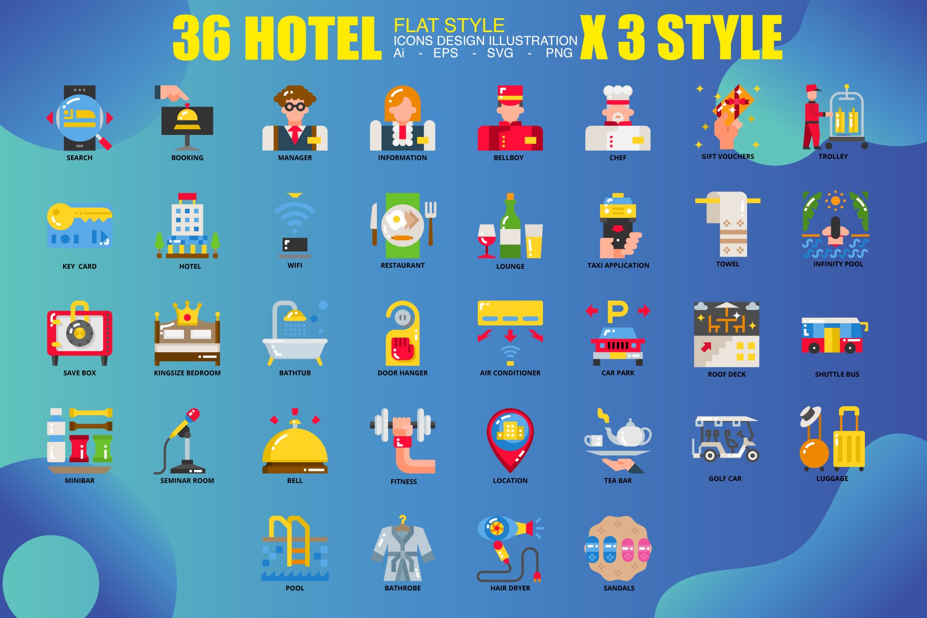 36 Hotel icons set x 3 Style preview image.