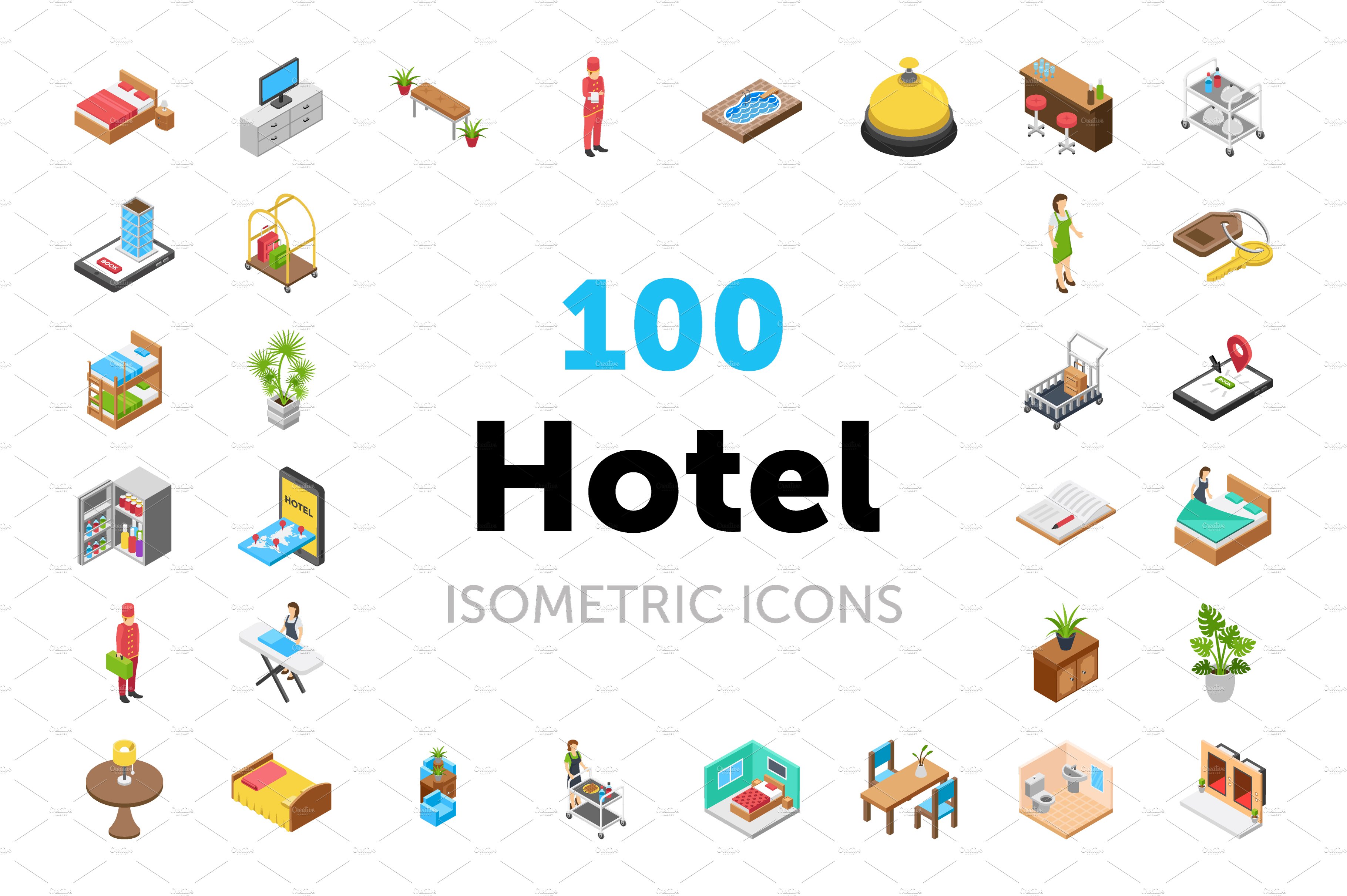 100 Hotel Isometric Icons Pack cover image.